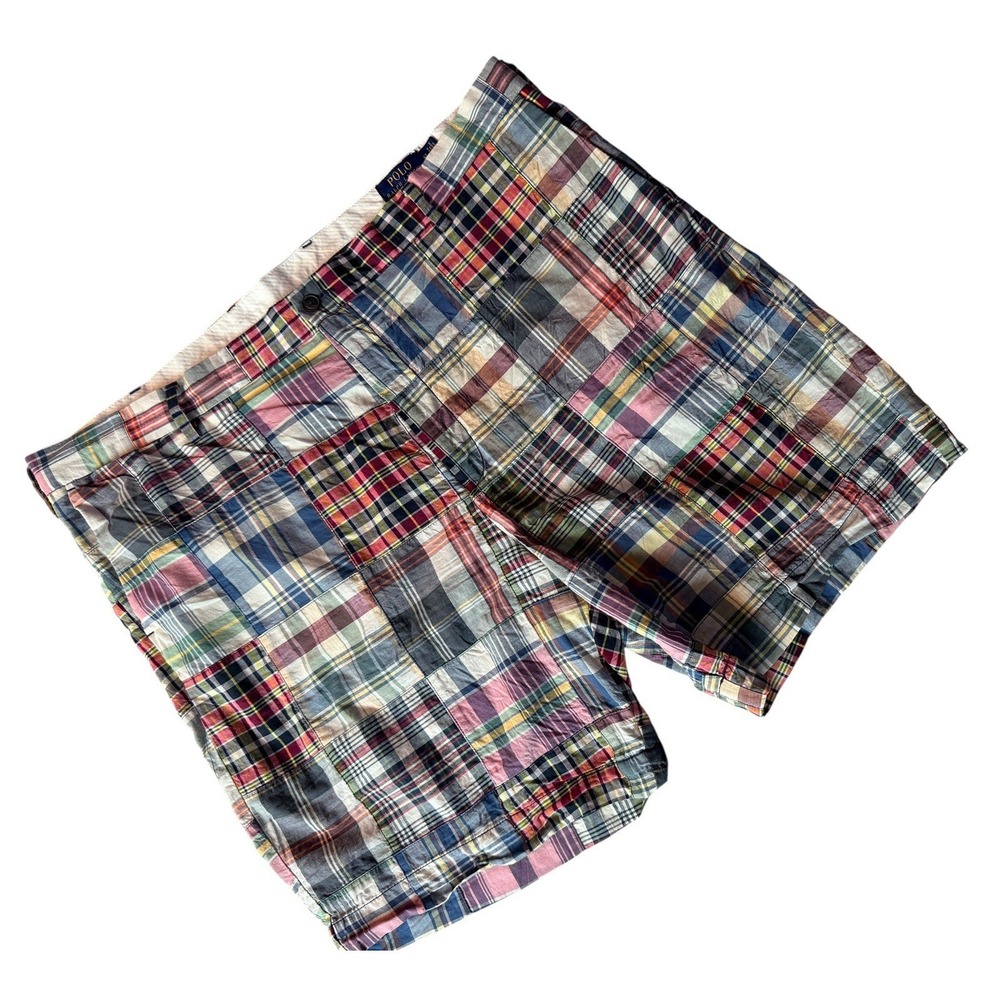 POLO RALPH LAUREN Men Shorts 42 Classic Fit 9" Madras Plaid Patchwork Preppy Ivy